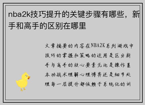 nba2k技巧提升的关键步骤有哪些，新手和高手的区别在哪里